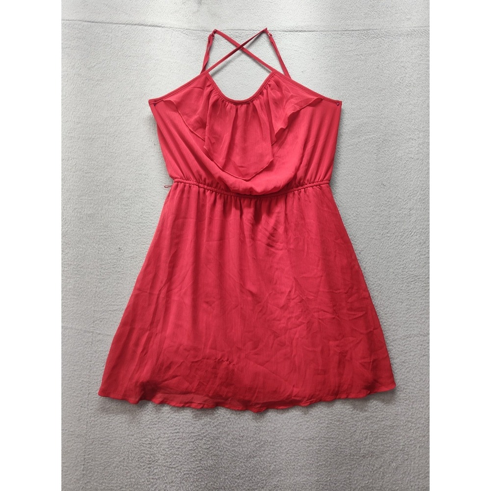 No Boundaries Women Mini Dress L Red Sleeveless Halter Neck Ruffle Boho Summer